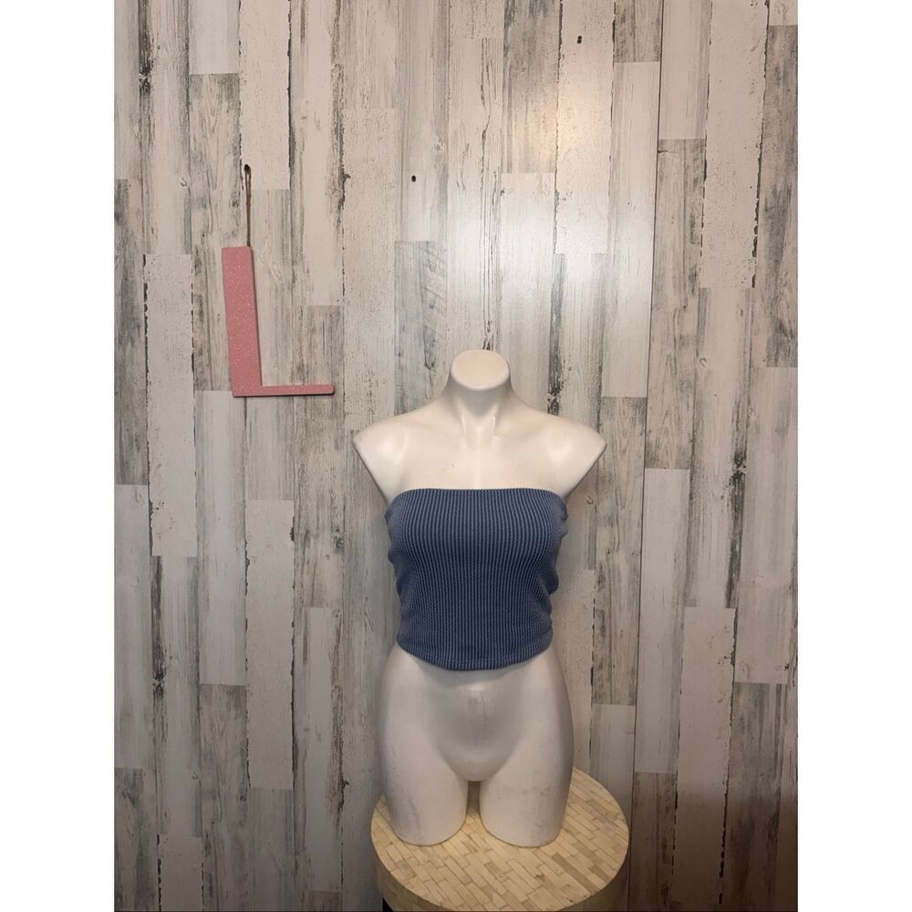 G & D Tube Top Womens Large Blue White Smocked Striped Strapless Crop Tank